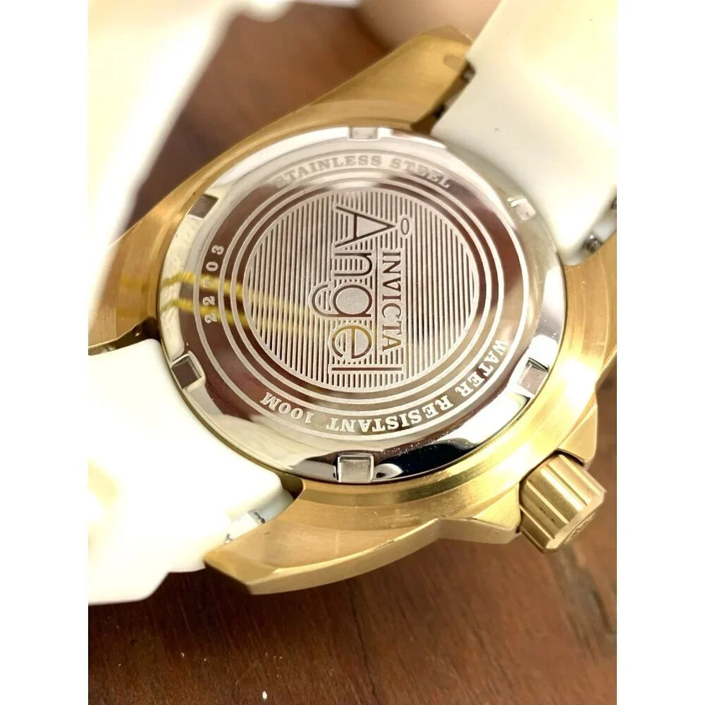 Invicta Women's Watch 22703 Angel Round Analog Date Gold Tone White Rubber Strap